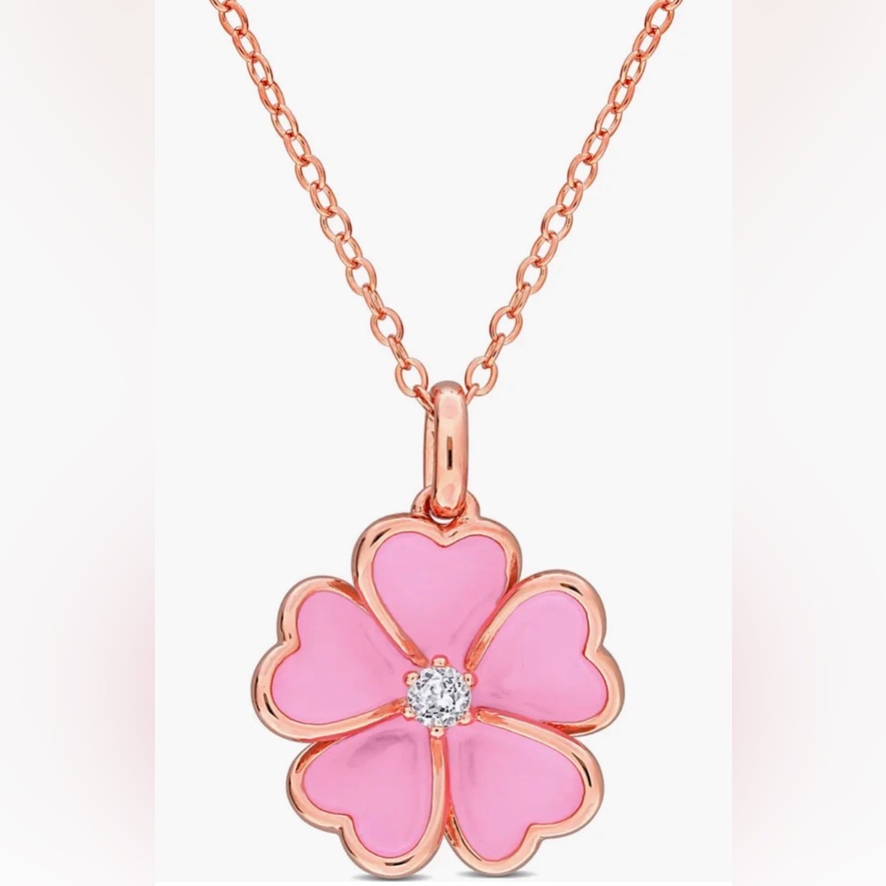 White Topaz & Enamel Flower Pendant Necklace